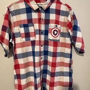 Captain America Marvel Plaid Button Down Short Sleeve Shirt Sz L Comic Avengers